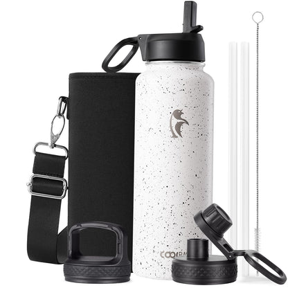 Half Gallon Water Bottle Insulated with Straw & 3 Lids, Coolflask 64 oz Water Jug Large Metal Stainless Steel Wide Mouth for Sports, Gym or Office, Non-BPA Keep Cold 48H Hot 24H, Samurai Cyan