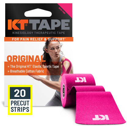 KT Tape, Original Cotton, Elastic Kinesiology Tape, Everyday Muscle and Joint Support, Daily Pain Relief, 20 Count, 10” Precut Strips, Black