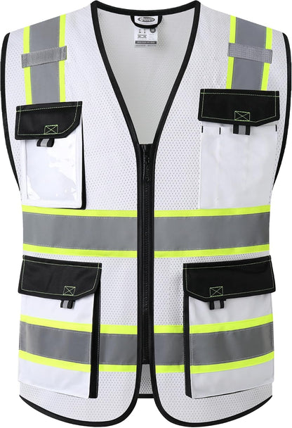 JKSafety Hi Vis Reflective Safety Vests for Men Women High Visibility Vest with Pockets Mesh Fabric Construction Safety Apparel Neon Vest for Work (220-Yellow L)