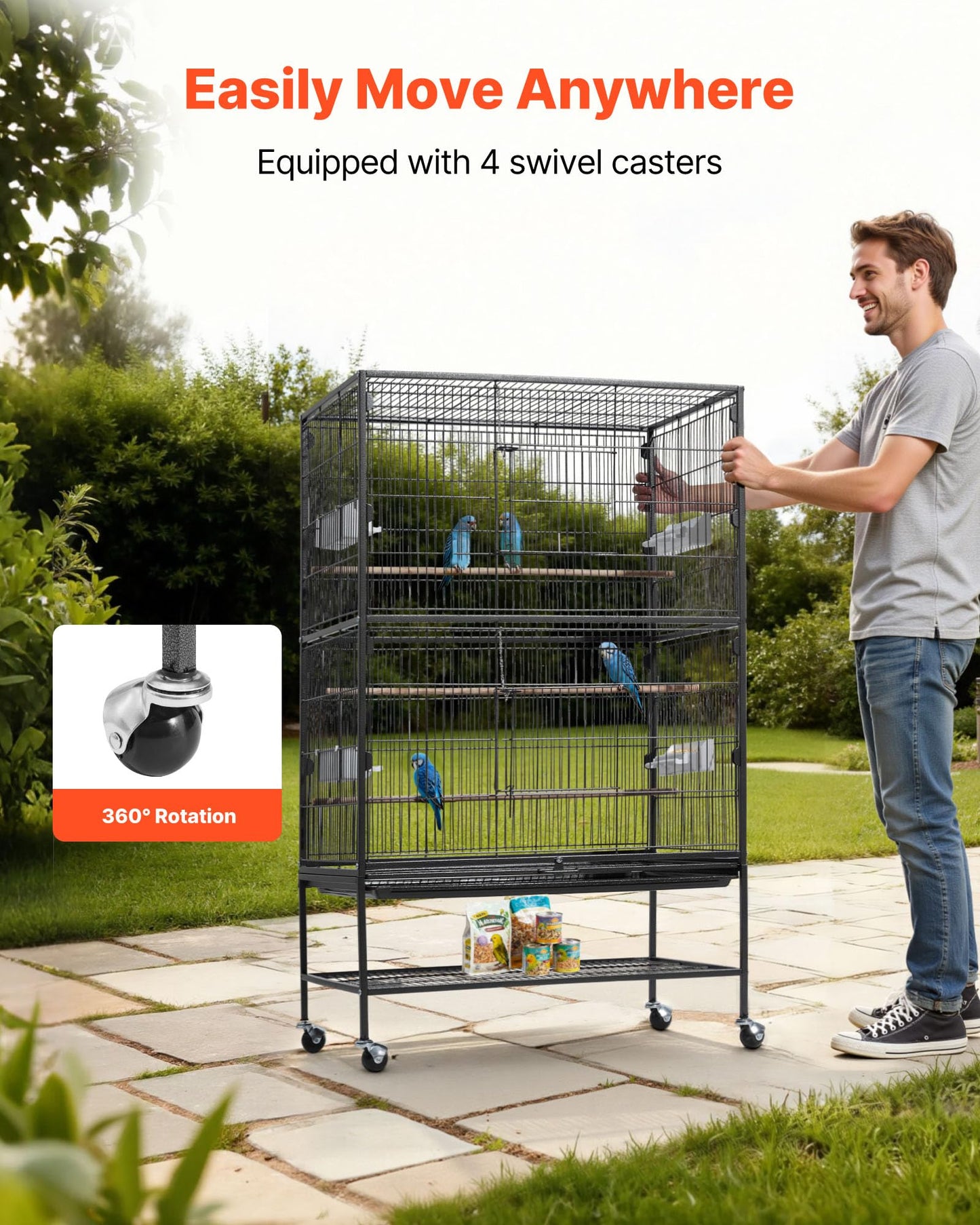 VEVOR Bird Cage, 24.6 x 16.7 x 53.9 inch, Flat Top, Wrought Iron Bird Flight Cage with Perches, Slide-Out Tray and Plastic Feeders, Casters, for Parrot, Blue Tit, Cockatiel, Canary, Budgerigar, Conure