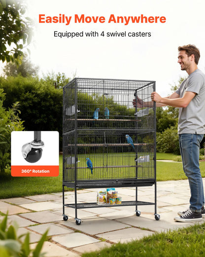 VEVOR Bird Cage, 24.6 x 16.7 x 53.9 inch, Flat Top, Wrought Iron Bird Flight Cage with Perches, Slide-Out Tray and Plastic Feeders, Casters, for Parrot, Blue Tit, Cockatiel, Canary, Budgerigar, Conure