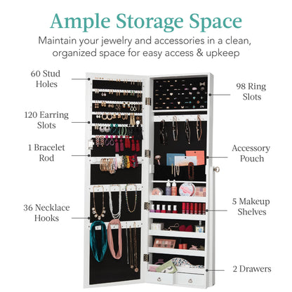 Best Choice Products Freestanding Jewelry Armoire Cabinet, Full Length Standing Mirror, Lockable Makeup Storage Organizer, w/Velvet Lining, 3 Angles, Lock, Accessory Pouch, 5 Shelves - White