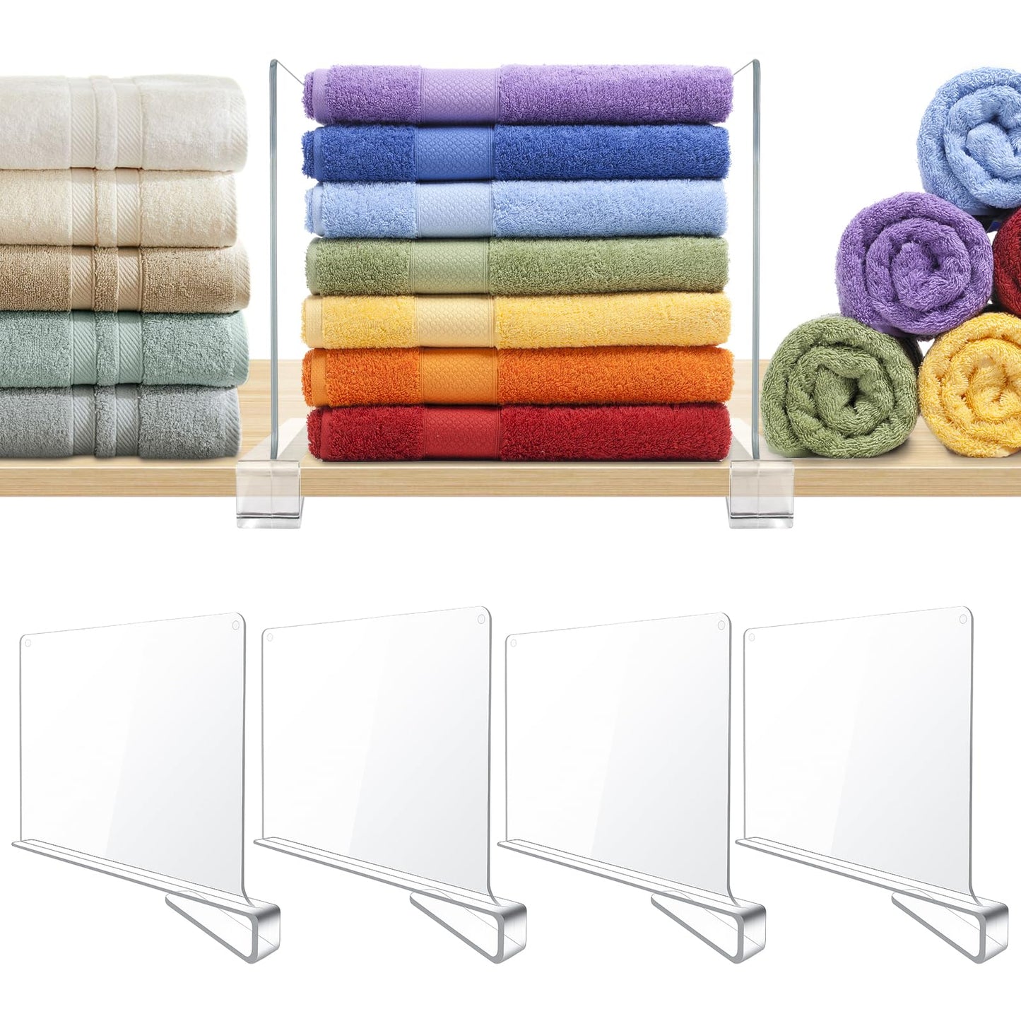 BAUMFEUER 12 Pack Clear Acrylic Shelf Dividers for Closet Shelf Organizer of Bedroom Kitchen Office Bathroom Organizer for Clothes Books Hats and Handbags