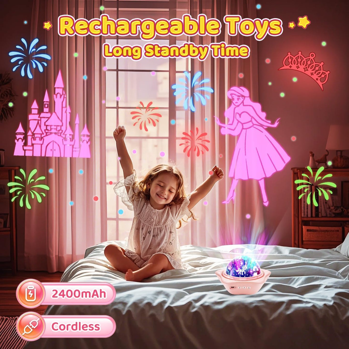 One Fire Girls Toys for Girl Gifts, 6 Films Light Projector Unicorn Toys for Girls Age 4-6, Rechargeable Night Lights for Bedroom, 360° Rotating Decor Mermaid Gifts Princess Baby Toddler Toys