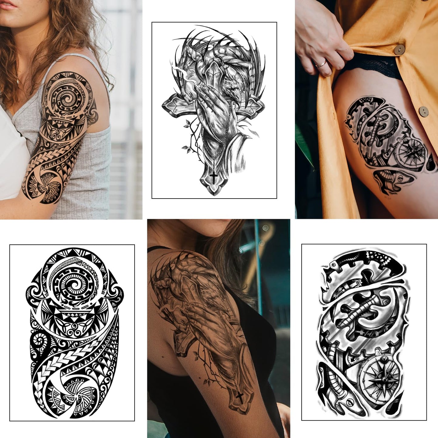 Yazhiji 36 Sheets Temporary Tattoos Stickers, 12 Sheets Fake Body Arm Chest Shoulder Tattoos for Men or Women with 24 PCS Tiny Black Tattoos