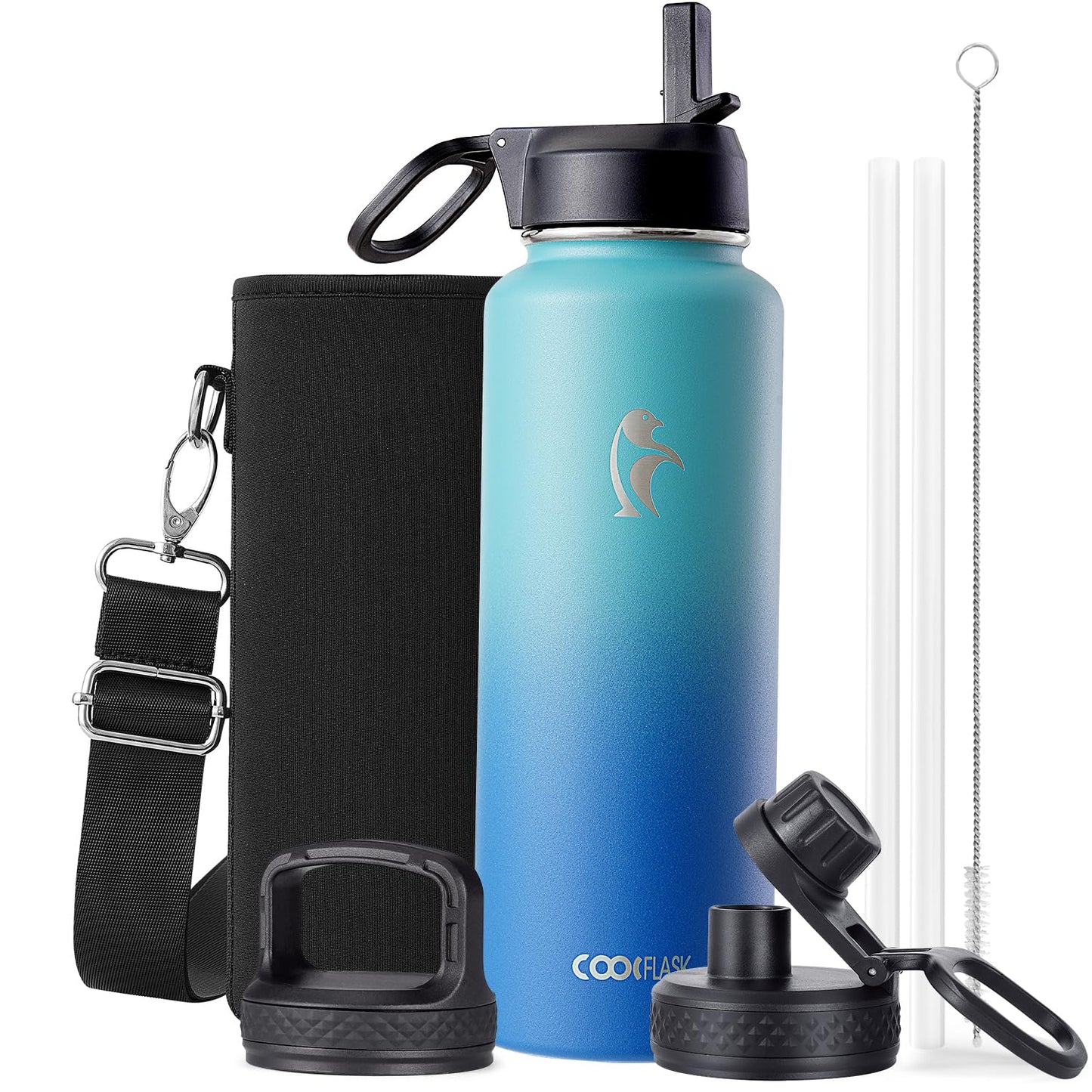 Half Gallon Water Bottle Insulated with Straw & 3 Lids, Coolflask 64 oz Water Jug Large Metal Stainless Steel Wide Mouth for Sports, Gym or Office, Non-BPA Keep Cold 48H Hot 24H, Samurai Cyan
