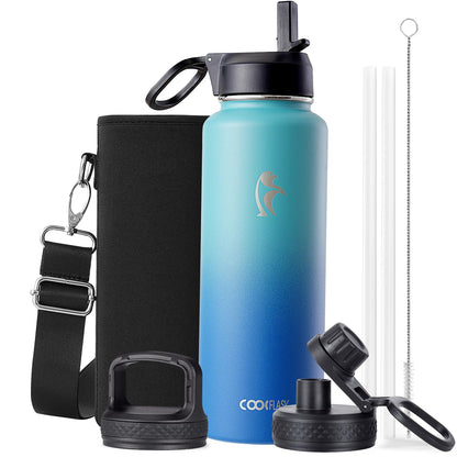 Half Gallon Water Bottle Insulated with Straw & 3 Lids, Coolflask 64 oz Water Jug Large Metal Stainless Steel Wide Mouth for Sports, Gym or Office, Non-BPA Keep Cold 48H Hot 24H, Samurai Cyan