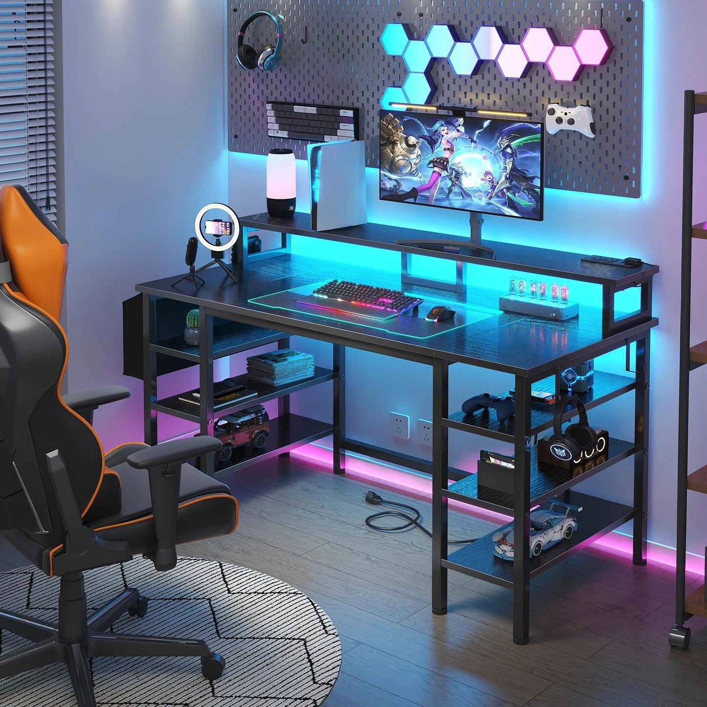 Lufeiya Gaming Desk with LED Lights and Storage Shelves, 47 inch Computer Desk with Power Outlets, Home Office Desk with Monitor Stand, Writing Table PC Desks, Black