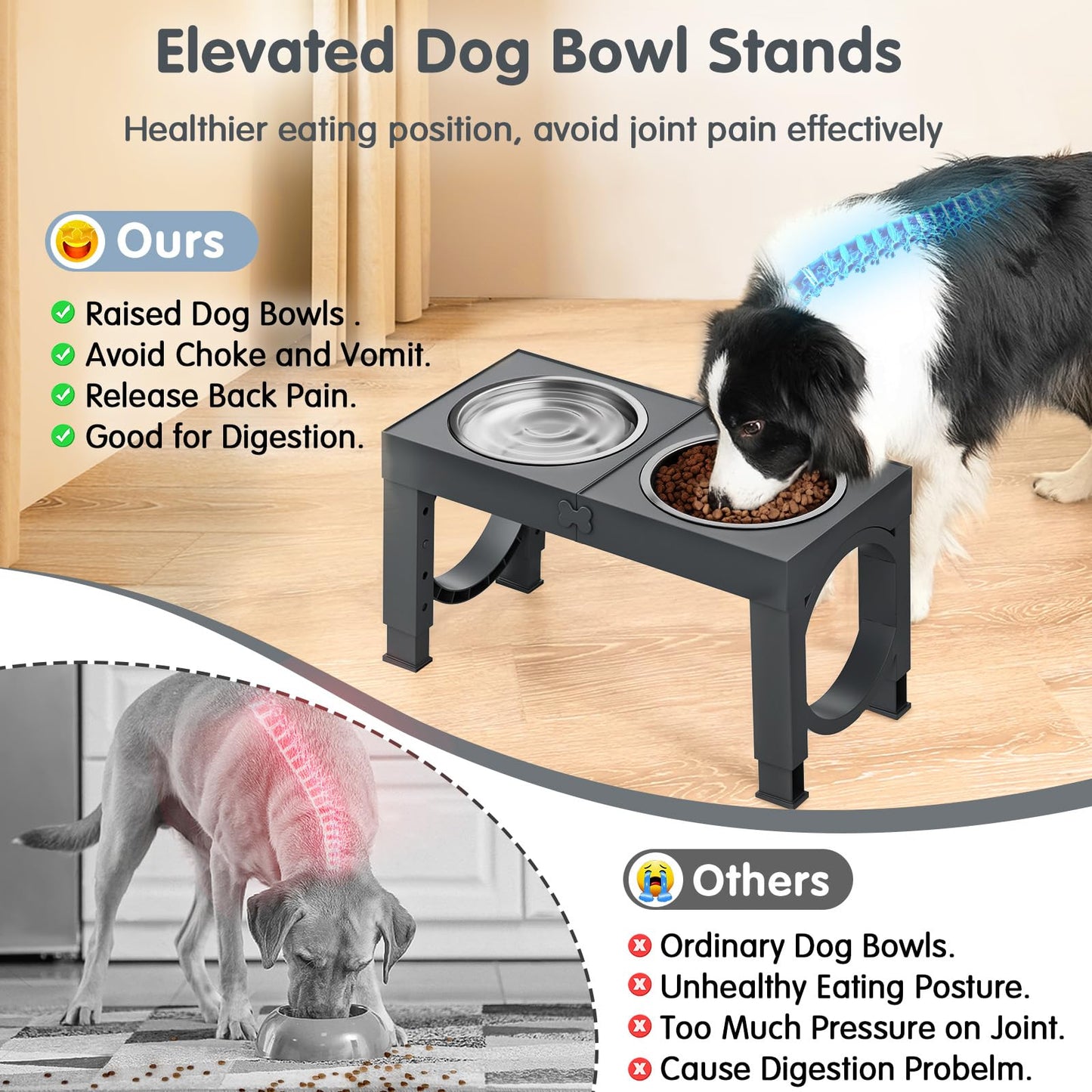 XIAZ Elevated Dog Bowls Large Breed Raised Dogs Bowl Stand Large/Medium Sized Dog Stainless Steel Food Water Bowl Stands 5 Heights Adjustable 9/11/12/14in Black Pet Feeder Dish Station