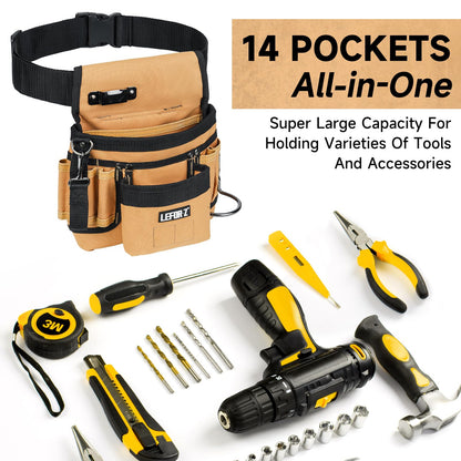 Tool Belt,Magnetic Tool Pouch,14-Pockets Tool Belts for Men,Detachable & Adjustable Tool Pouch belt for Electrician,Carpenter,Construction,Work Apron,Utility Belt,Black-Yellow