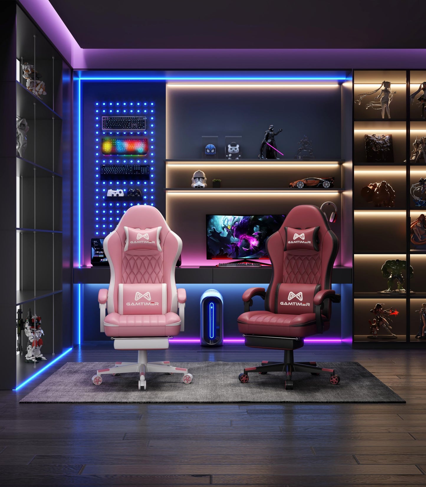 Gamtimer Gaming Chair with Footrest, Ergonomic Computer Chair, PU Breathable Material with Headrest and Lumbar Support, Suitable for Silla Gamer and Adults（Grey）