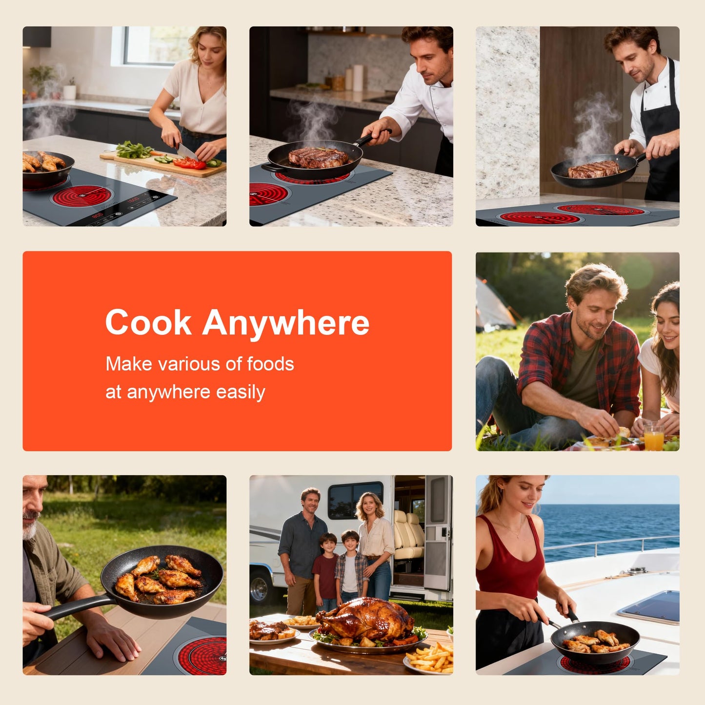 Dual Coil Design of 2 Burner Electric Cooktop, 1800W Ceramic Hot Plate for Cooking, Infrared Double Burner Portable Countertop or 24inch Built-in Radiant Stove Top Cooker, Compatible with All Cookware