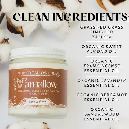 Amallow 100% Grass Fed Beef Tallow for Skin Care - Face + Body - Whipped Moisturizer for Sensitive Skin - Natural Lotion, 4 FL. oz. (Unscented + Jojoba Oil)