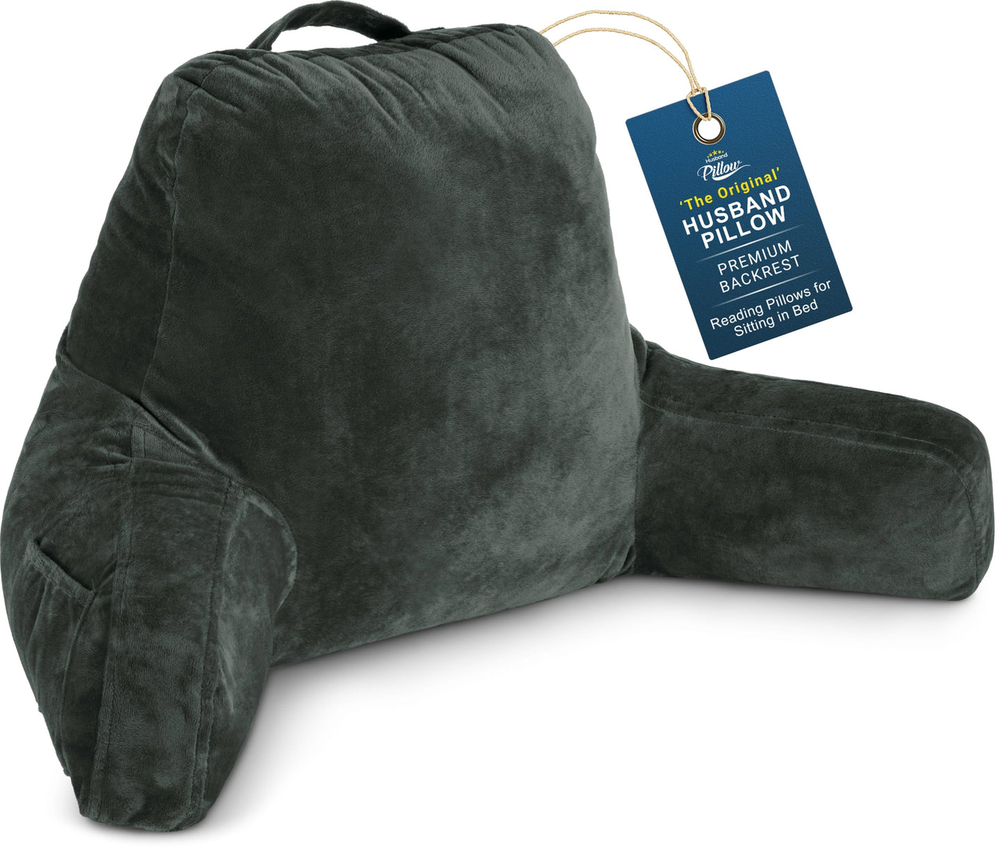 Husband Pillow XXL The Original for Adults - 30" Tall Backrest for Sitting Up in Bed - Firm Support Reading & Bed Rest Pillows for Adults, Neck Roll, Removable Cover - TV - Dark Grey