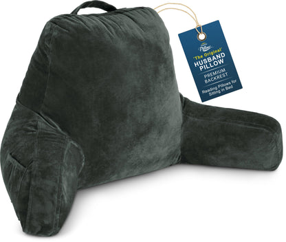 Husband Pillow XXL The Original for Adults - 30" Tall Backrest for Sitting Up in Bed - Firm Support Reading & Bed Rest Pillows for Adults, Neck Roll, Removable Cover - TV - Dark Grey