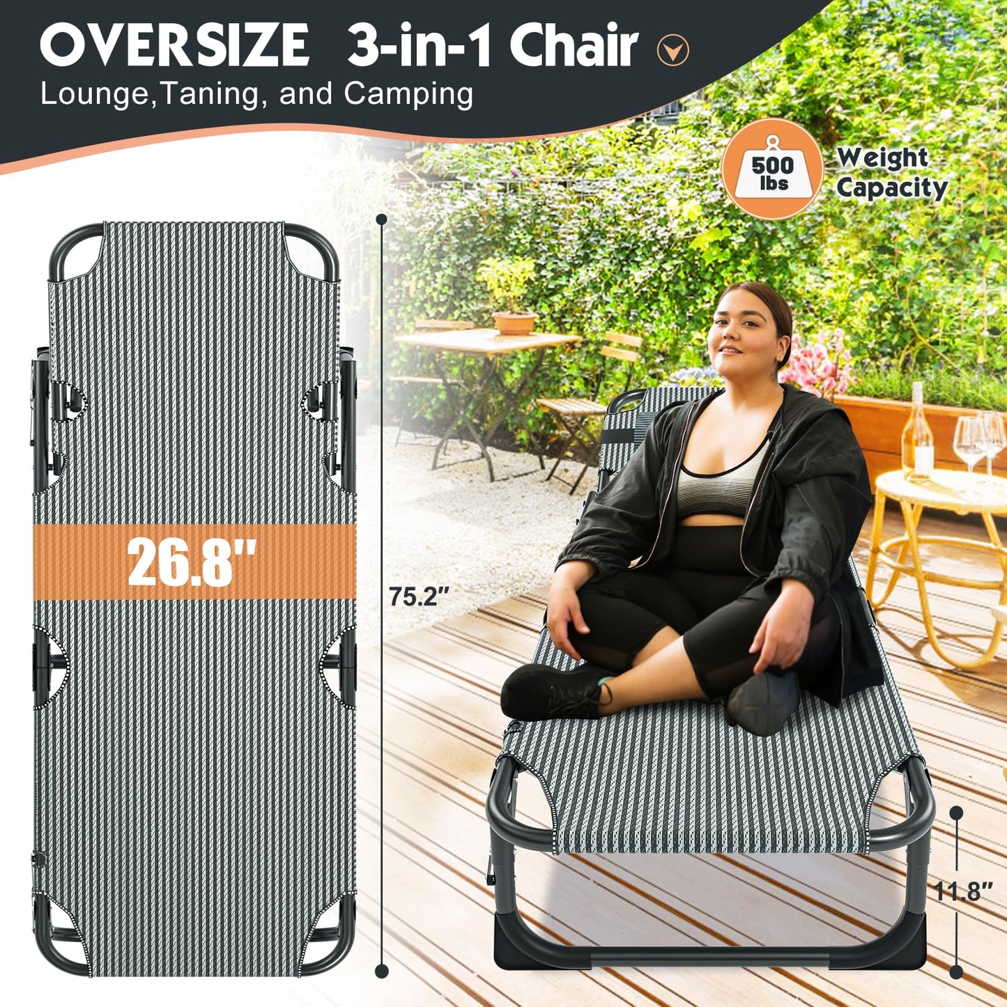 MOPHOTO Folding Lounge Chair 5-Position, Folding Cot, Portable Outdoor Chaise Lounge Chair for Sun Tanning, Perfect for Pool Beach Patio Sunbathing