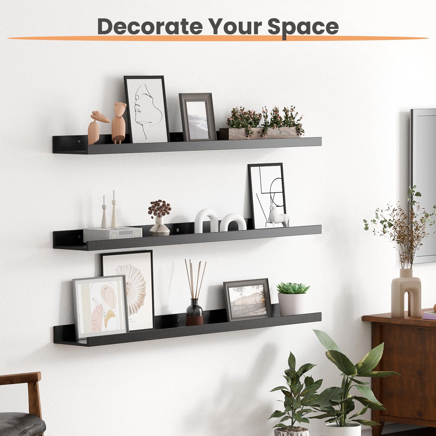 upsimples Floating Shelves for Wall, Wall Shelves for Decor Storage Set of 6, Wall Mounted Wood Shelf for Bedroom, Living Room, Bathroom, Kitchen, Picture Ledge Shelf, Black