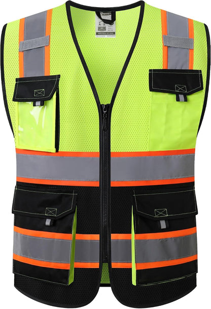 JKSafety Hi Vis Reflective Safety Vests for Men Women High Visibility Vest with Pockets Mesh Fabric Construction Safety Apparel Neon Vest for Work (220-Yellow L)