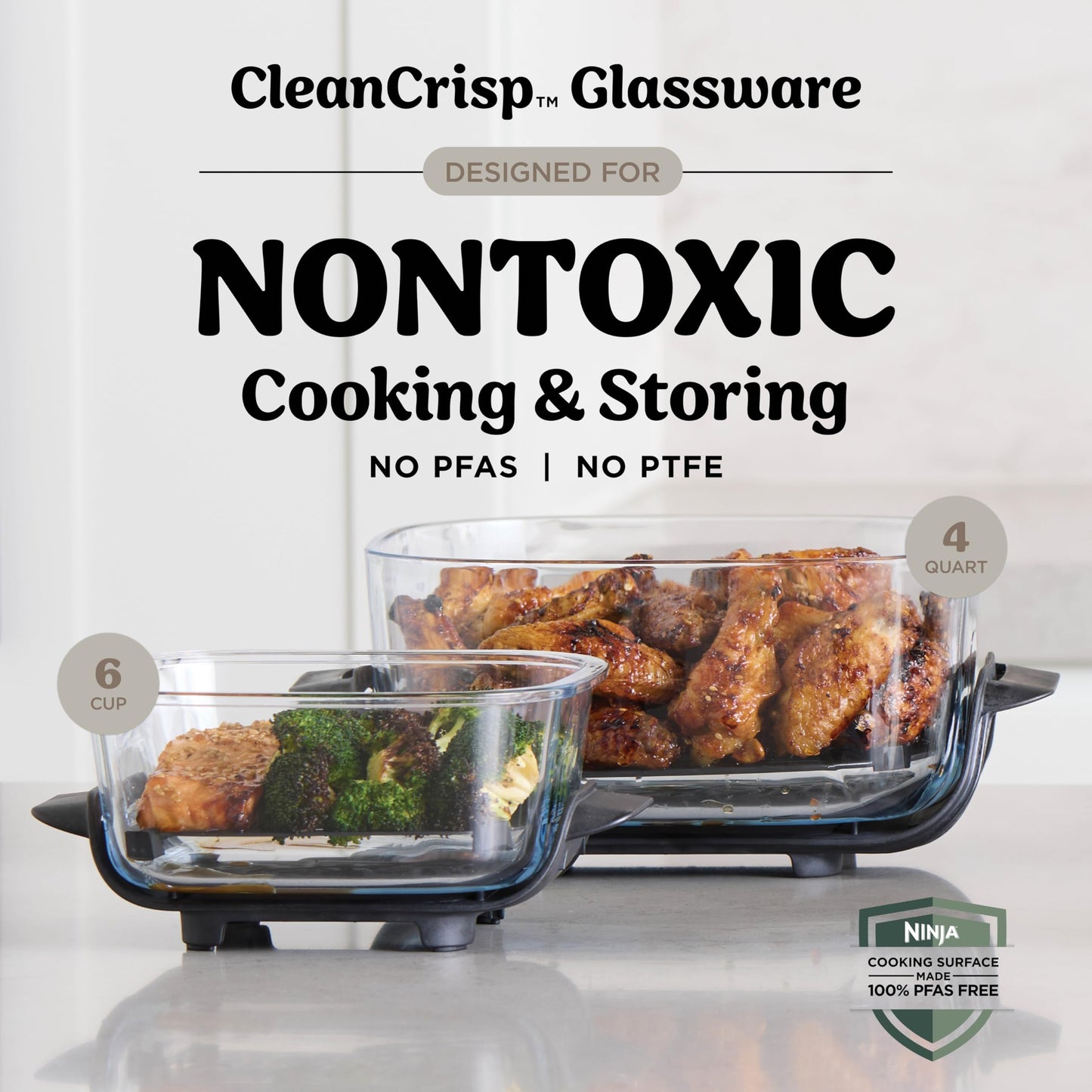 Ninja Crispi 4 in 1 Glass Air Fryer, 450°F, Non Toxic, 4QT and 6 Cup Containers with Lids, Dishwasher Safe, Cyberspace Gray, 1 Count, FN101GY