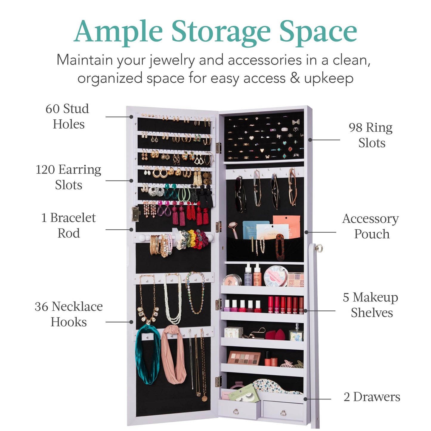 Best Choice Products Freestanding Jewelry Armoire Cabinet, Full Length Standing Mirror, Lockable Makeup Storage Organizer, w/Velvet Lining, 3 Angles, Lock, Accessory Pouch, 5 Shelves - White