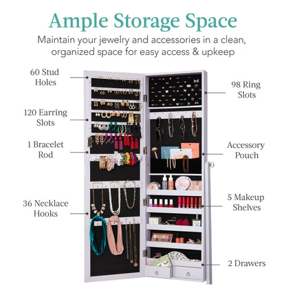Best Choice Products Freestanding Jewelry Armoire Cabinet, Full Length Standing Mirror, Lockable Makeup Storage Organizer, w/Velvet Lining, 3 Angles, Lock, Accessory Pouch, 5 Shelves - White
