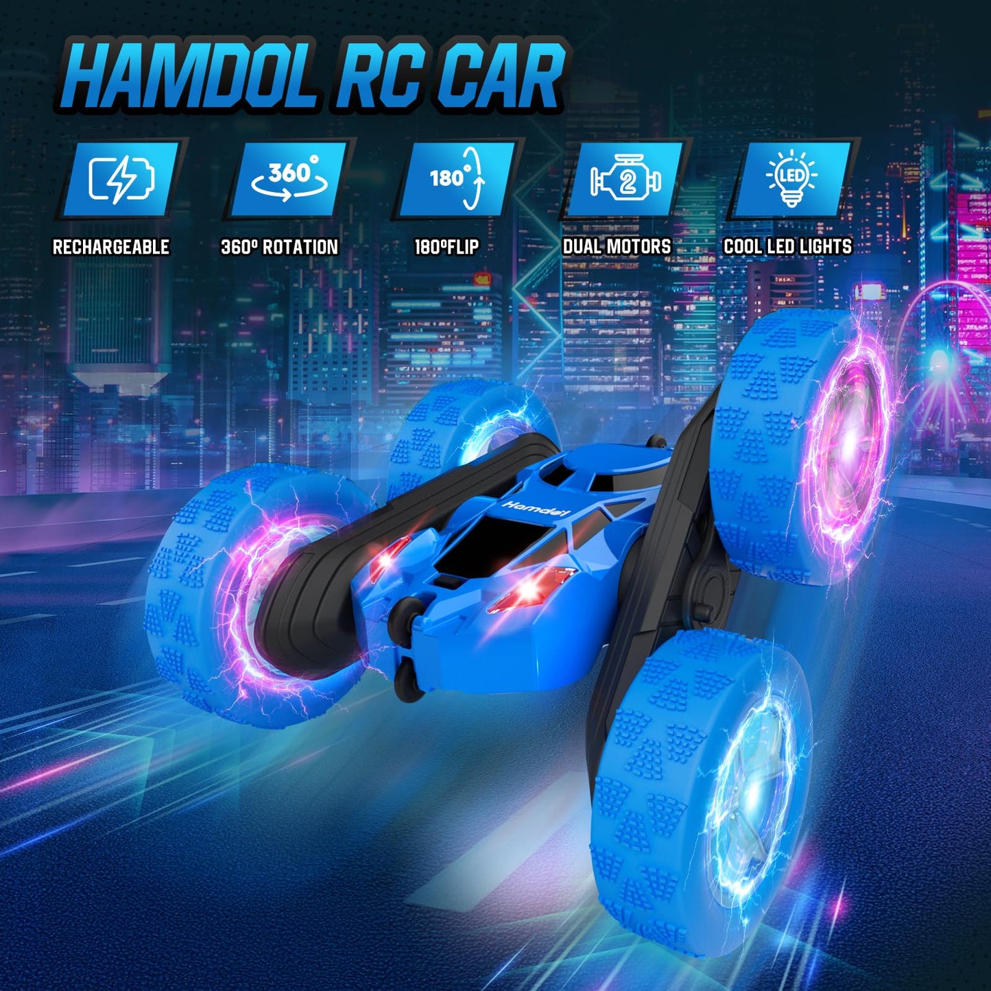 Hamdol Remote Control Car for Kids, 360° Rotating Double-Sided RC Car with LED Headlights, 4WD 2.4GHz Electric Rechargeable Toy Vehicle for Boys and Girls, Perfect Birthday