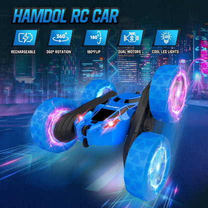 Hamdol Remote Control Car for Kids, 360° Rotating Double-Sided RC Car with LED Headlights, 4WD 2.4GHz Electric Rechargeable Toy Vehicle for Boys and Girls, Perfect Birthday