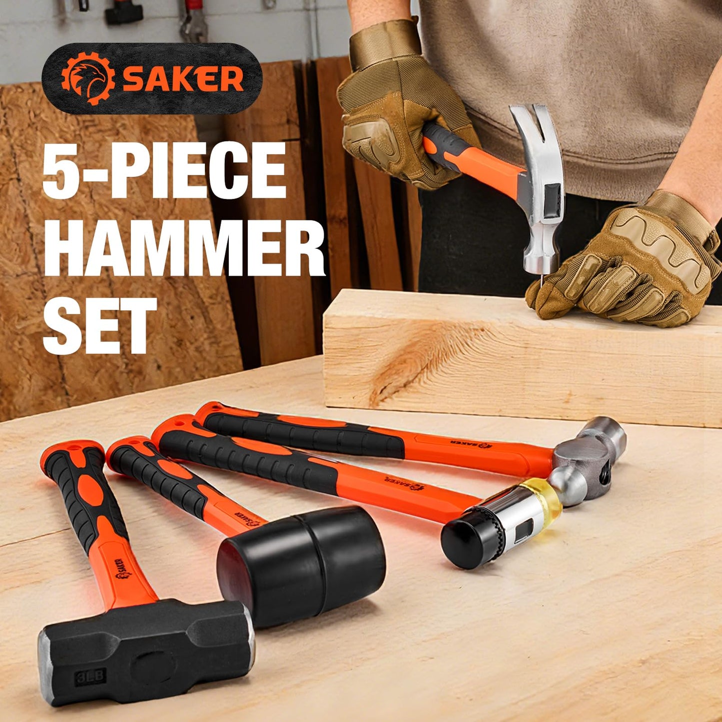 Saker 5-Piece Hammer Set,3lb Sledge Hammer,16oz Rubber Mallet, 16oz Ball Peen Hammer & Claw Hammer, 7oz Cross Peen Hammer for Home Repair & DIY Projects