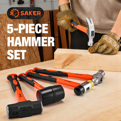 Saker 5-Piece Hammer Set,3lb Sledge Hammer,16oz Rubber Mallet, 16oz Ball Peen Hammer & Claw Hammer, 7oz Cross Peen Hammer for Home Repair & DIY Projects