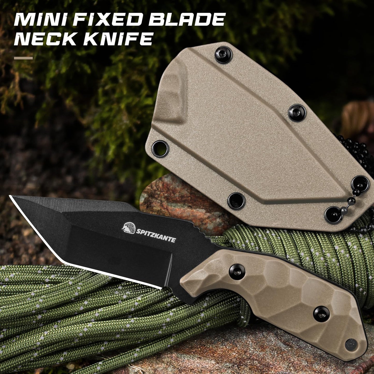 Neck Knife with Sheath and Necklace X-TAN-K, Horizontal Carry Knife with Full Tang Tanto 5Cr14MoV Steel Blade, Khaki ABS Handle, EDC, Outdoor, Camping & Hiking