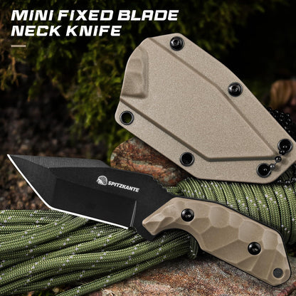 Neck Knife with Sheath and Necklace X-TAN-K, Horizontal Carry Knife with Full Tang Tanto 5Cr14MoV Steel Blade, Khaki ABS Handle, EDC, Outdoor, Camping & Hiking