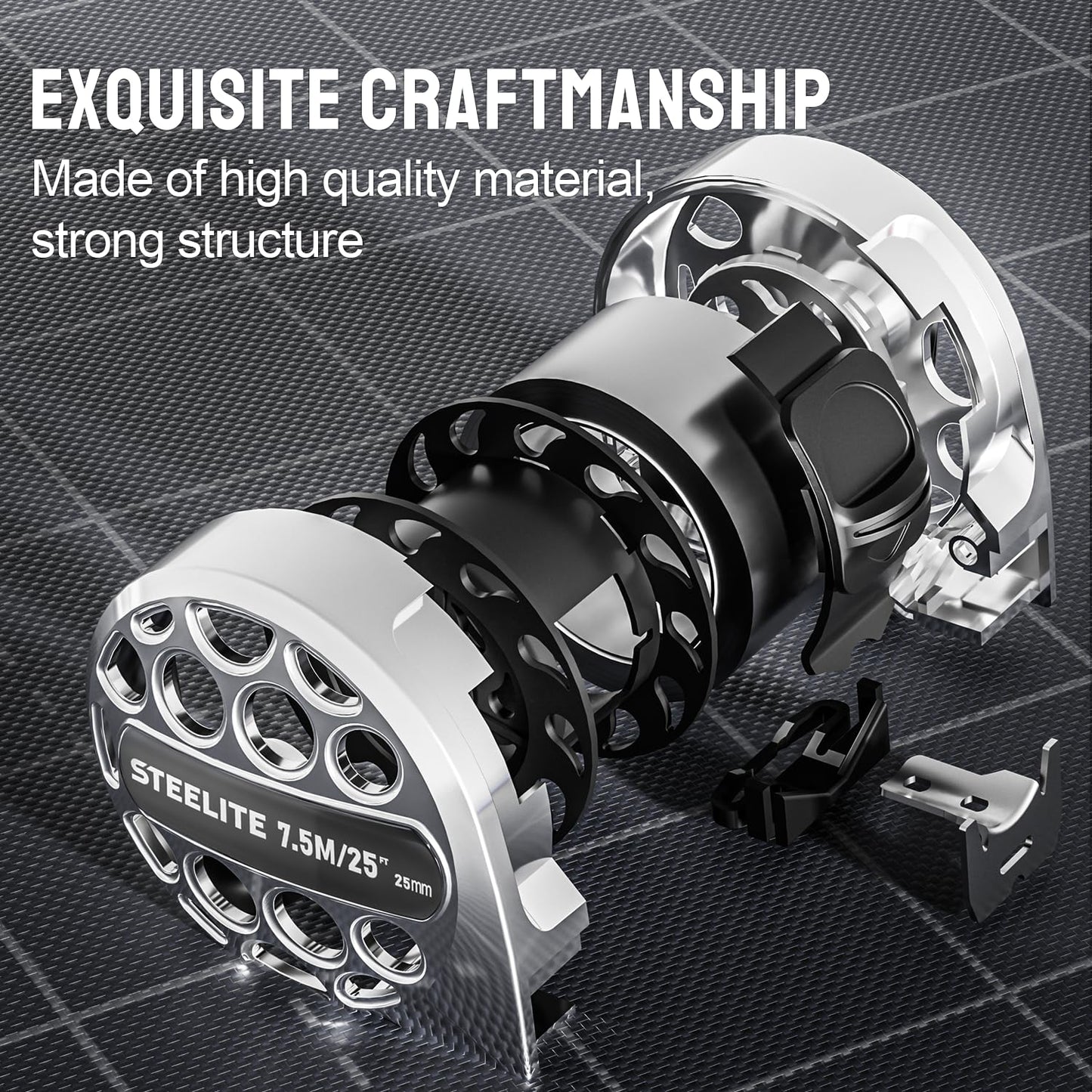 STEELITE Tape Measure 25'FT Stainless Steel Waterproof & Rustproof Retractable Measuring Tape with Hollow Design Carbon Fiber