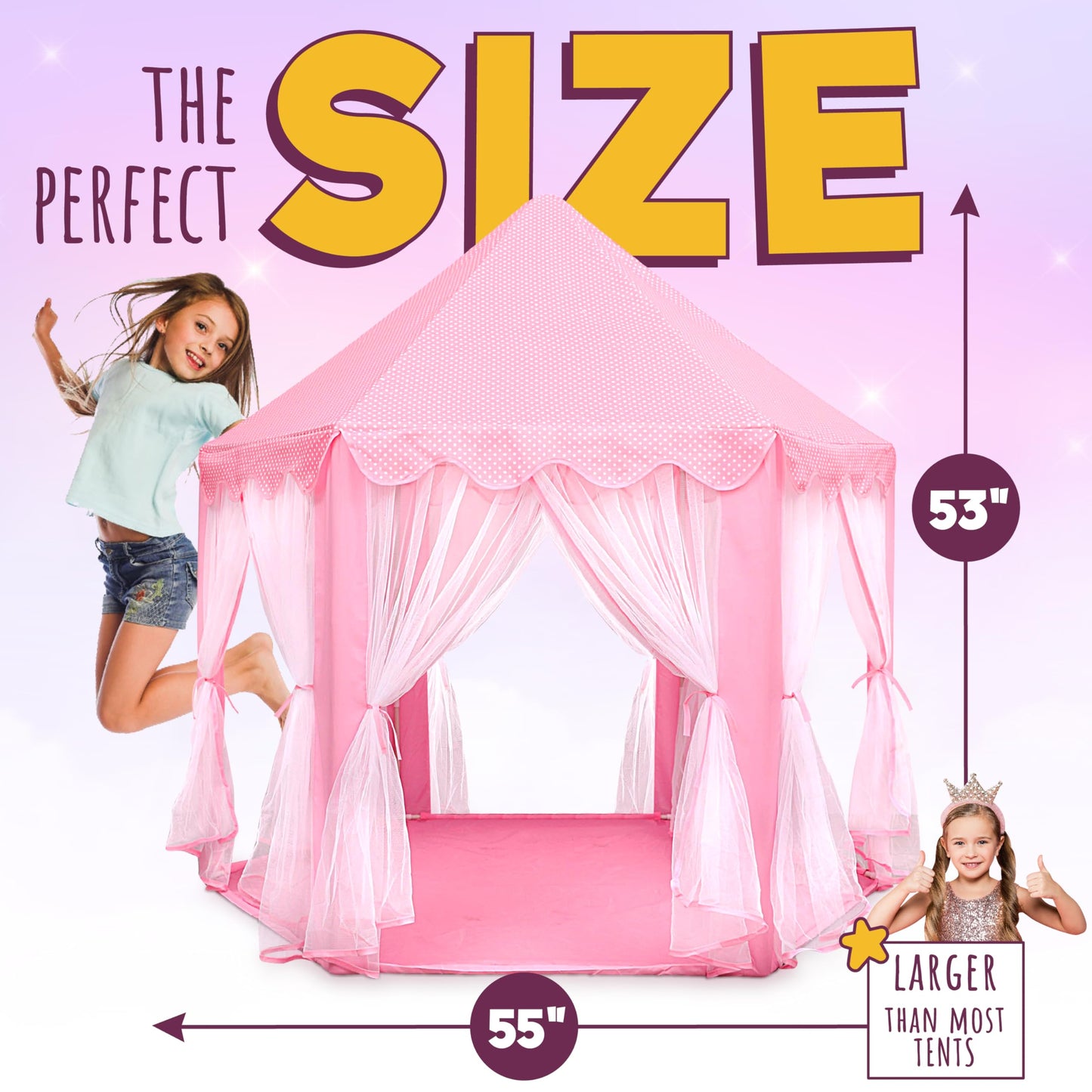 Orian Princess Tent for Kids, Toddler & Kids Pink Play Tent Indoor & Outdoor Princess Castle Fort for Girls and Toddlers Ages 2-7, 55”x53”, LED Star Lights, Children’s Toys and Gifts for Girls