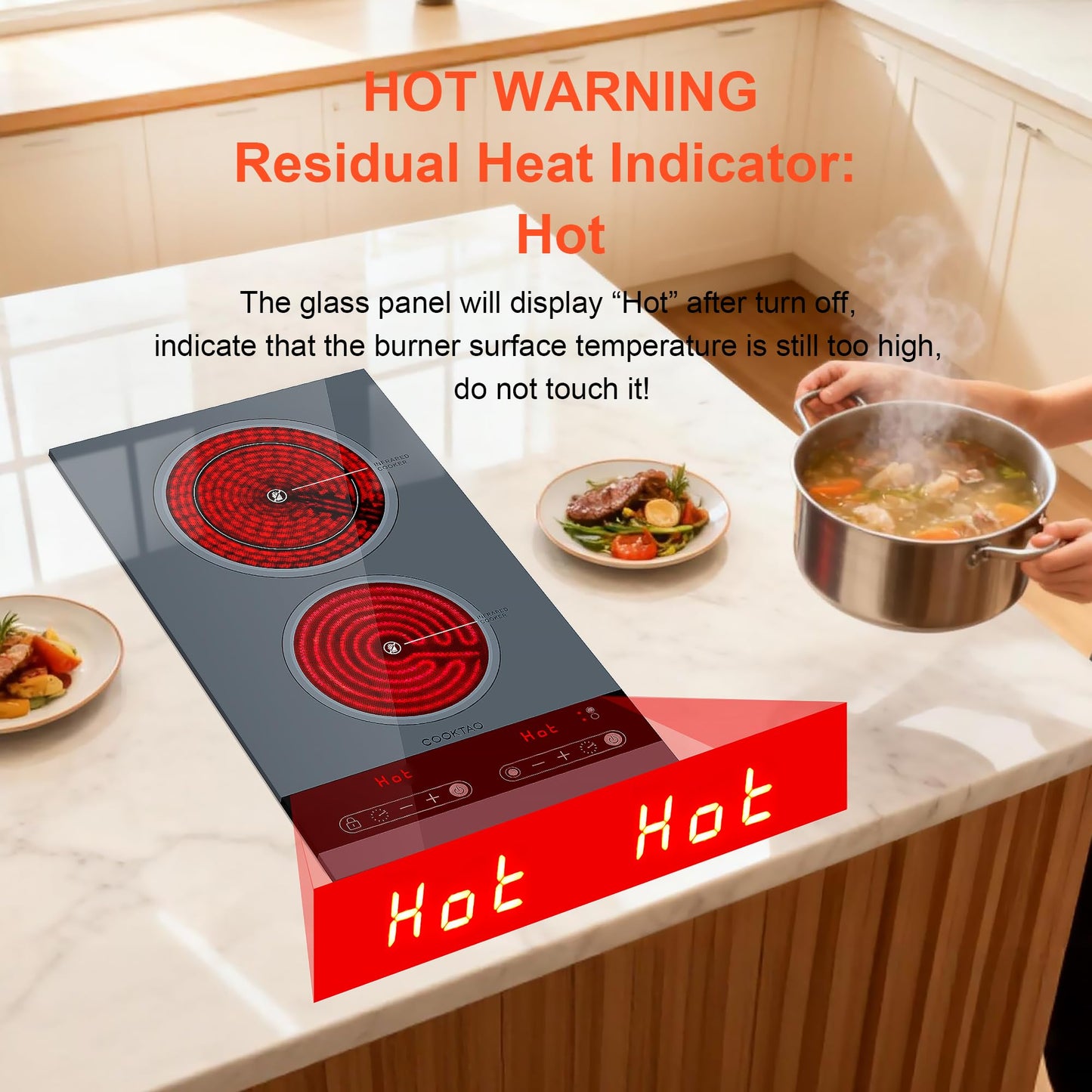 Dual Coil Design of 2 Burner Electric Cooktop, 1800W Ceramic Hot Plate for Cooking, Infrared Double Burner Portable Countertop or 24inch Built-in Radiant Stove Top Cooker, Compatible with All Cookware
