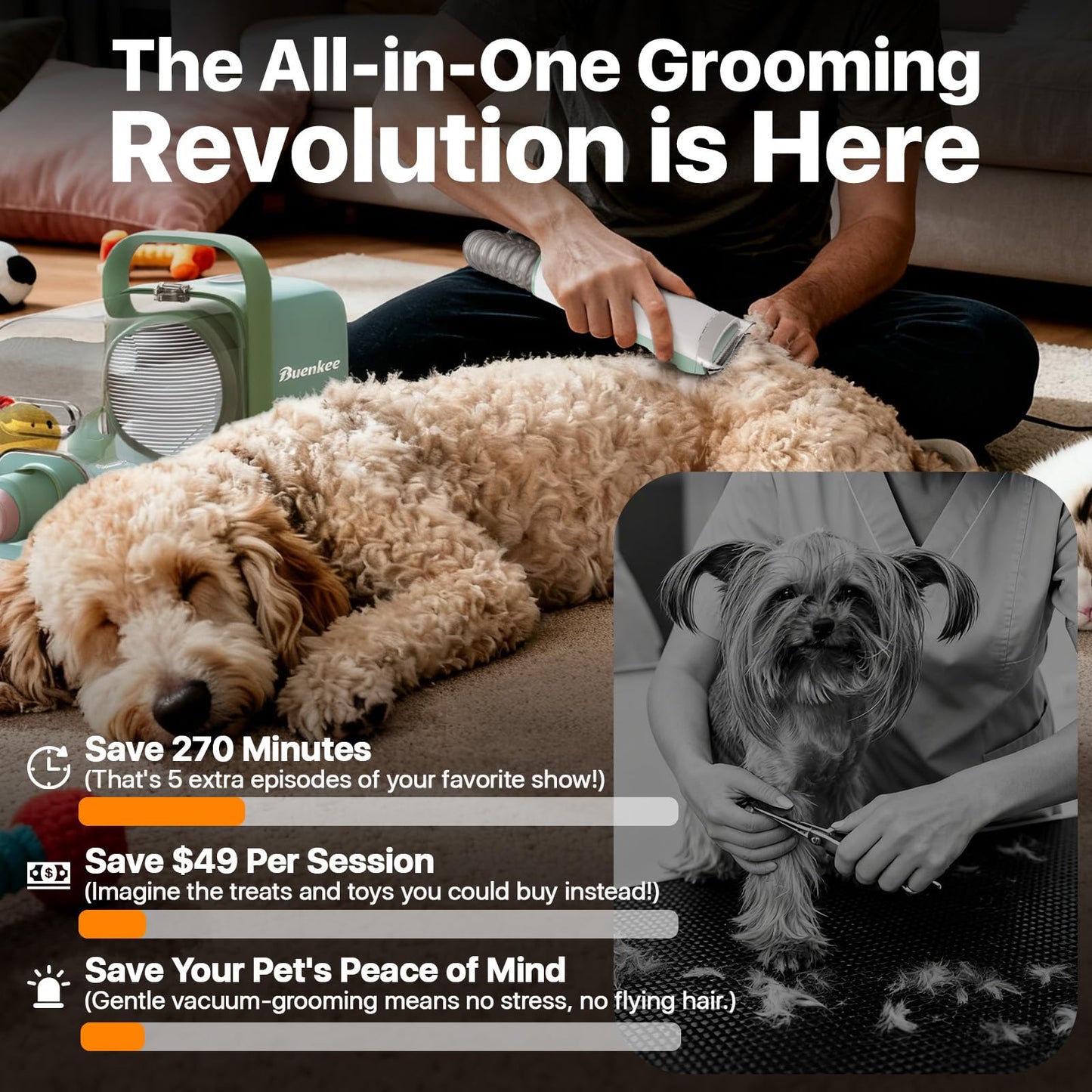 Buenkee Dog Grooming Vacuum Kit, 15000Pa Clipper, Shedding Brush, 2L, White | Brush, trim and deshed at home with less flying fur, mess-control suction and fewer emptying breaks during longer sessions