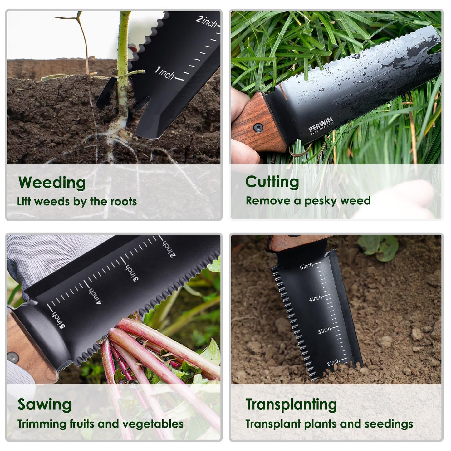 PERWIN Hori Hori Garden Knife, Garden Tools with Sheath for Weeding, Planting, Digging, 7" Stainless Steel Blade with Cutting Edge, Full-Tang Wood Handle with Hanging Hole