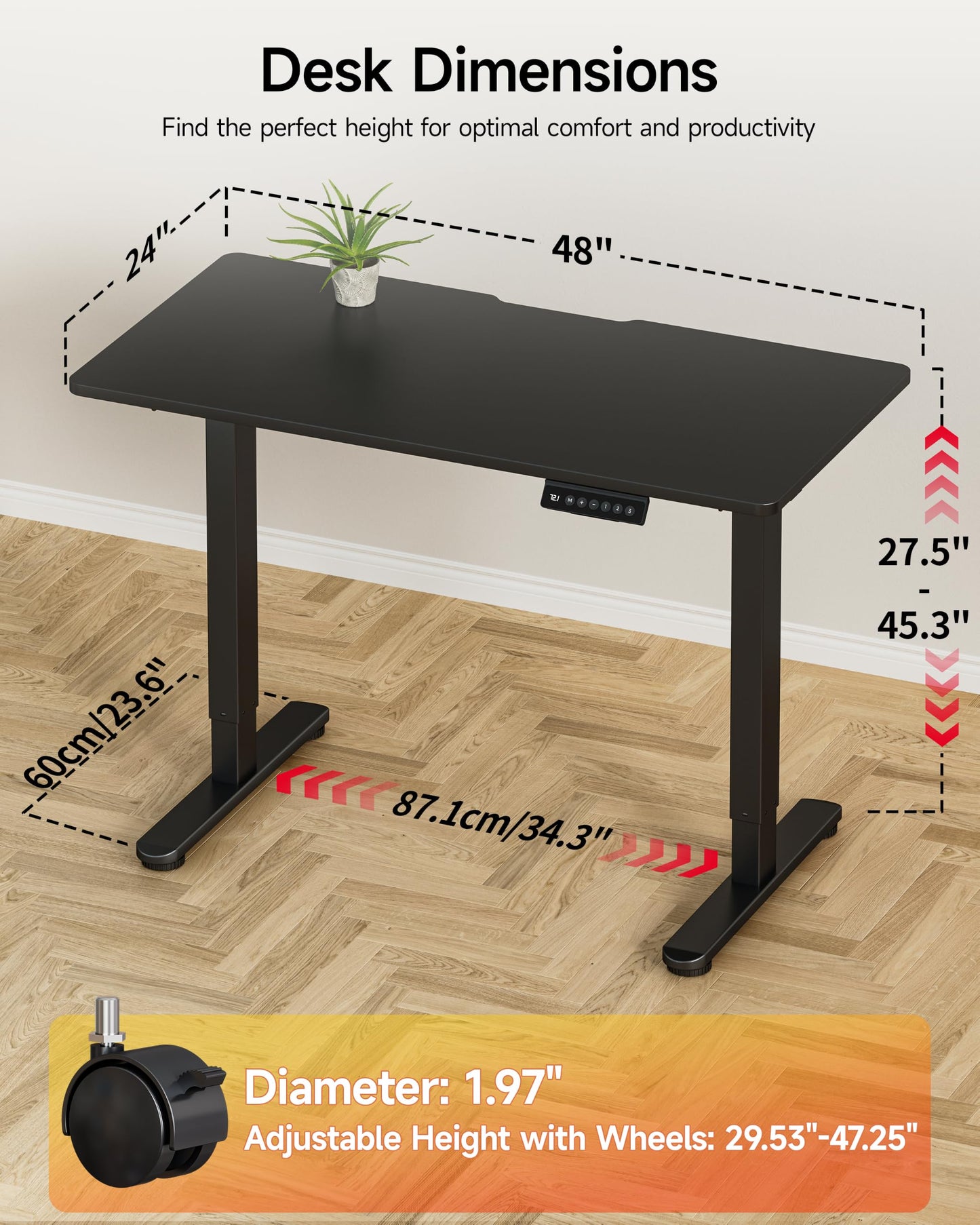Okin Small Electric Standing Desk, 36" x 24" Whole Piece Height Adjustable Desk, Oak Sit to Stand Computer Workstation with Wheels for Home Office