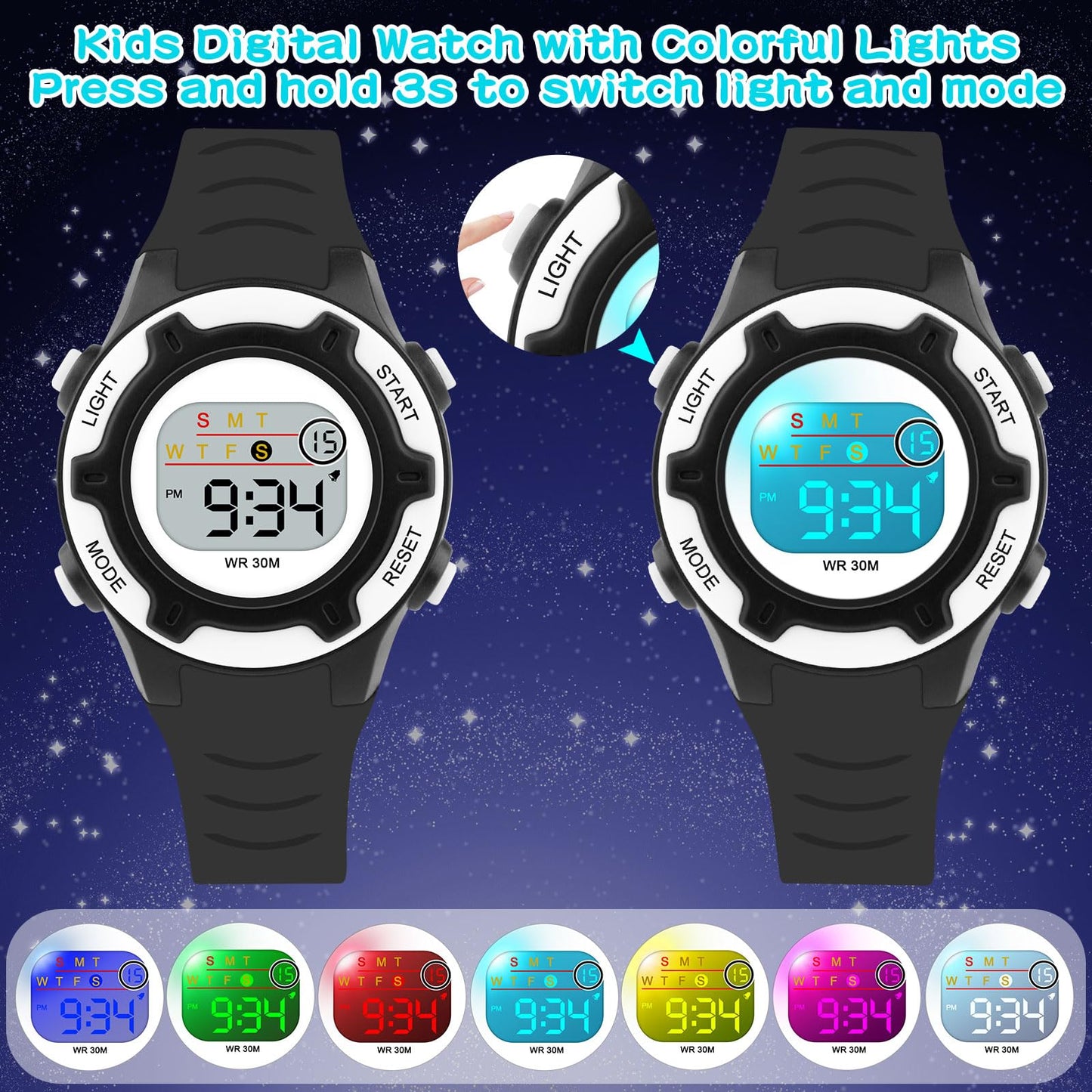 DTKID Digital Kids Watch 30 M Waterproof, 7 Color Lights Time Teaching Watch Easy to Read for Girls Boys 5-16