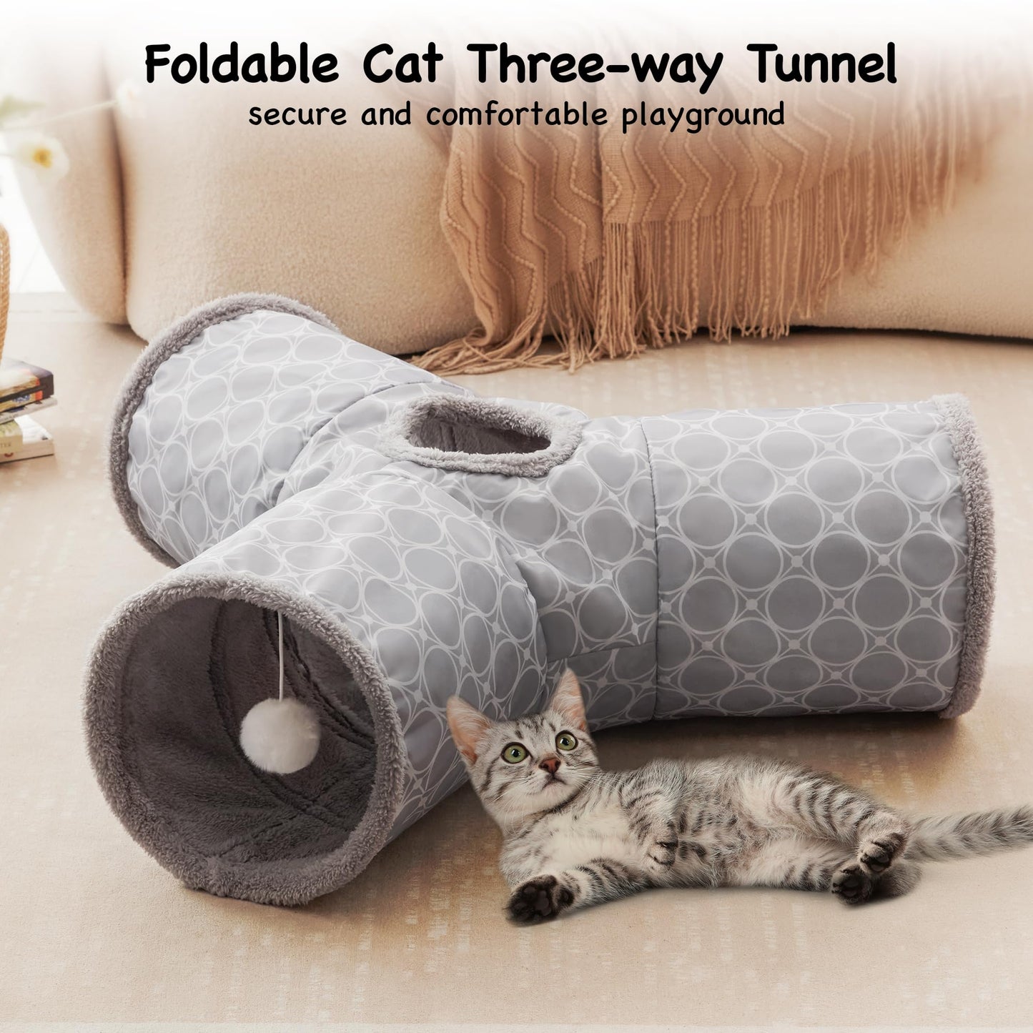 Tempcore Pet Cat Tunnel Tube Toys 3 Way Collapsible, Tunnels for Indoor Cats, Interactive Tube with Teaser Wand, Peek Holes & Hanging Ball, Black & Blue