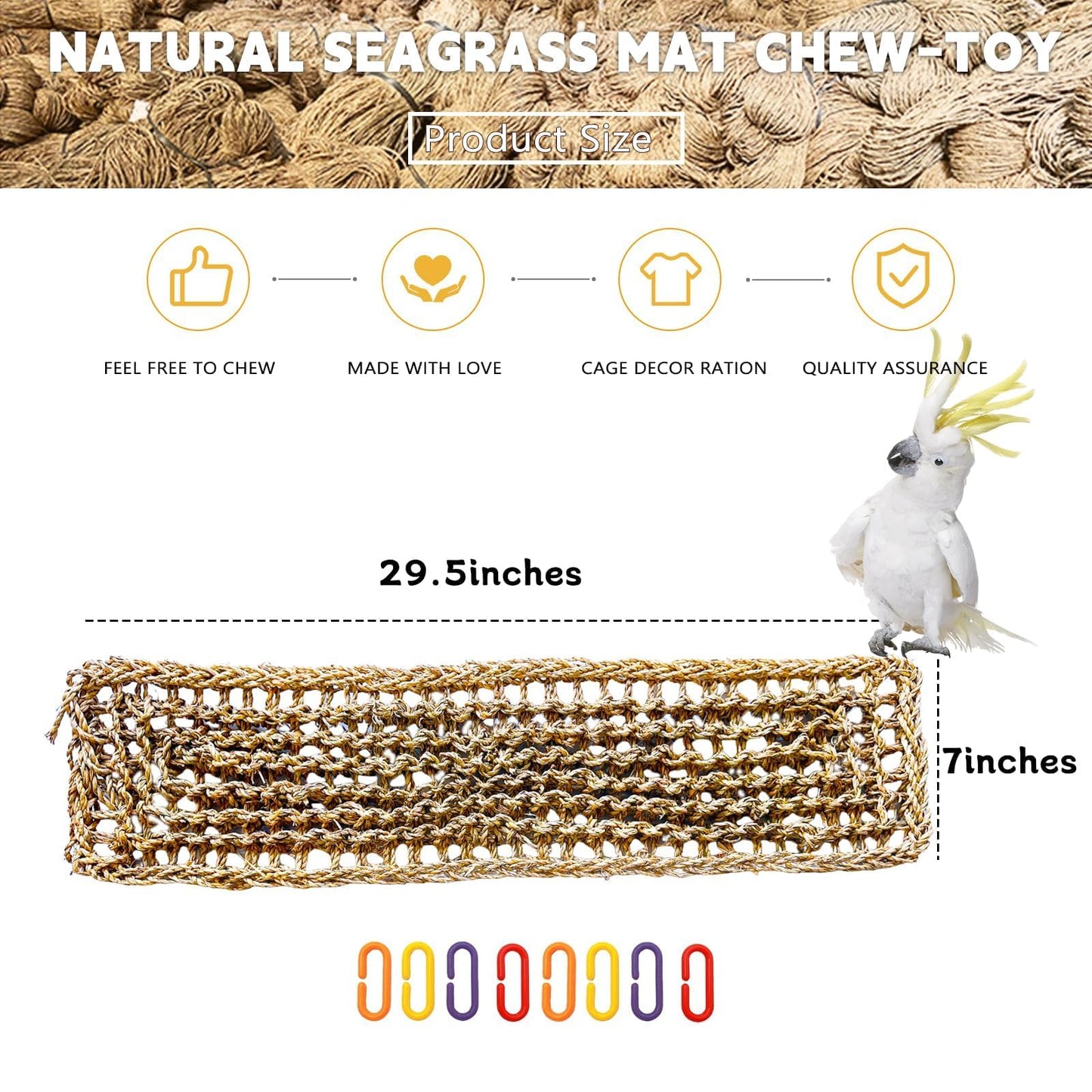 Bird Seagrass Mat 30 x 7 Inch Parrot Natural Seagrass Woven Net Hammock Parakeet Climbing Rope Ladder Mat Chew Toys Cage Accessories for Pigeon Macaw Cockatiel Conure Cockatoo Rat Bearded Dragon