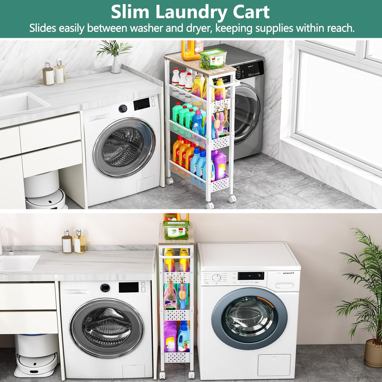 Vivihomety Utility Slim Storage Cart with Wheels, 4 Tier Small Rolling Cart with Wood Top, Metal Kitchen Bathroom Laundry Room Organization Trolley with Handle for Narrow Space – Black