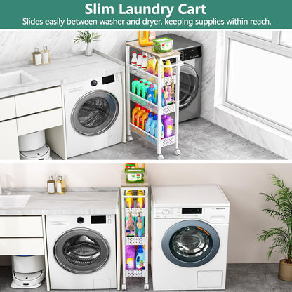 Vivihomety Utility Slim Storage Cart with Wheels, 4 Tier Small Rolling Cart with Wood Top, Metal Kitchen Bathroom Laundry Room Organization Trolley with Handle for Narrow Space – Black