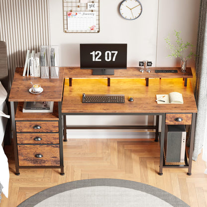 Furologee 60" Black Computer Desk with 4 Drawers and Printer Space, Gaming Desk with LED Lights and USB Power Outlets, Home Office Desk with Fabric File Cabinet,Study Work Table with Shelf for Bedroom