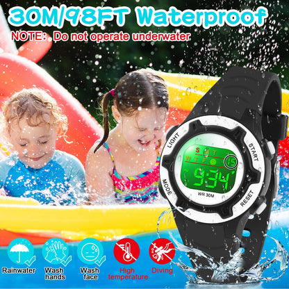 DTKID Digital Kids Watch 30 M Waterproof, 7 Color Lights Time Teaching Watch Easy to Read for Girls Boys 5-16