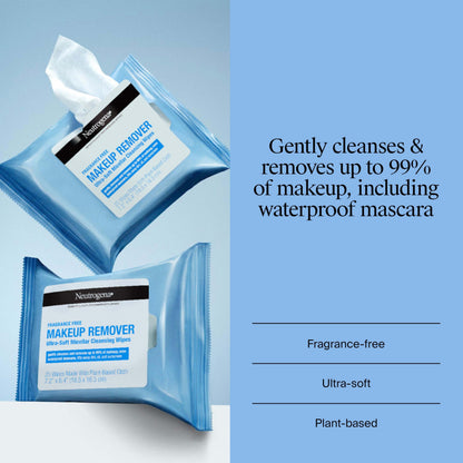 Neutrogena Makeup Remover Wipes for Face Daily Fragrance Free Gently Removes Oil Dirt and Waterproof Makeup in a Simple Fully Plant-Based Cloth, 2 pack of 25 ct