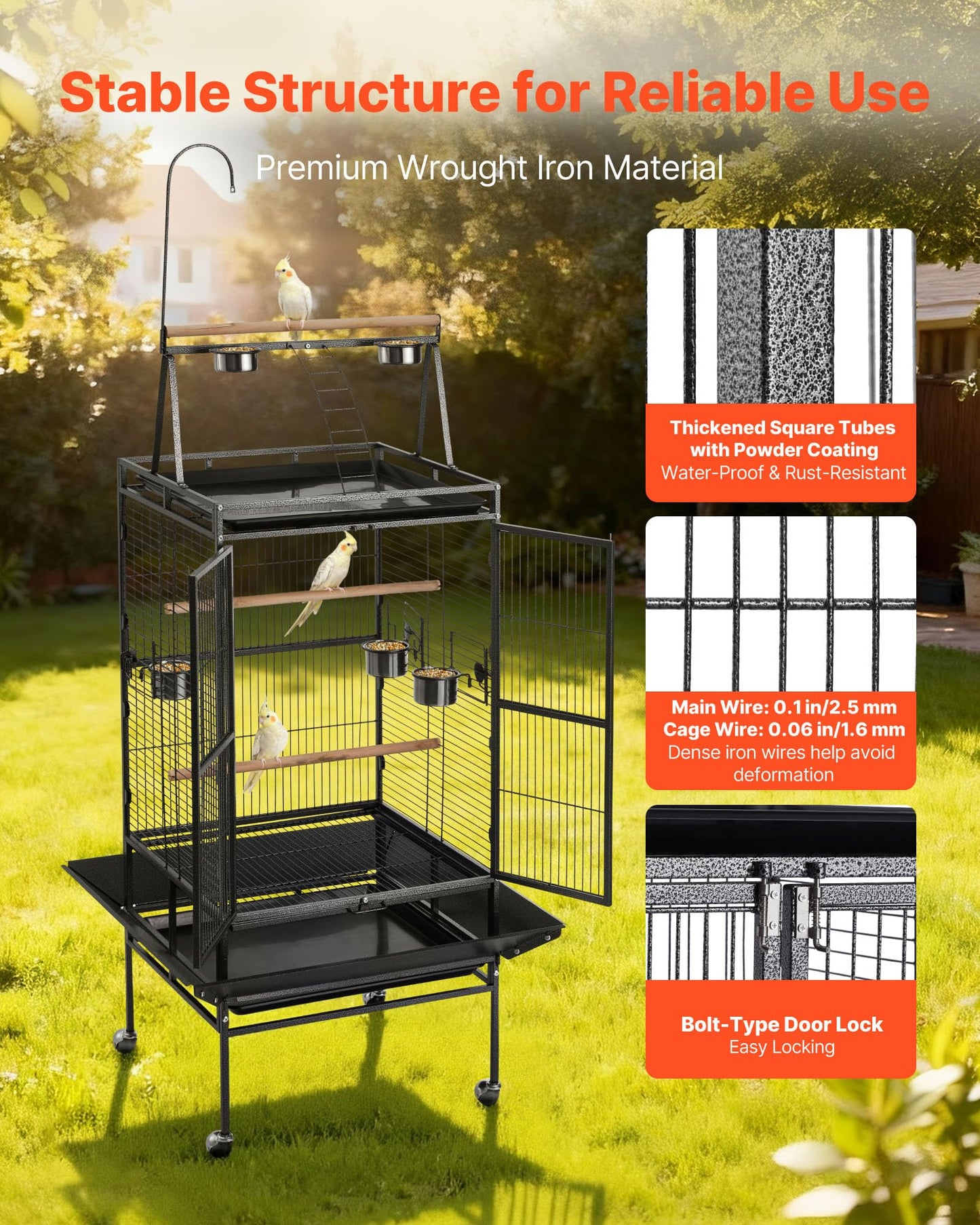 VEVOR Bird Cage, 24.6 x 16.7 x 53.9 inch, Flat Top, Wrought Iron Bird Flight Cage with Perches, Slide-Out Tray and Plastic Feeders, Casters, for Parrot, Blue Tit, Cockatiel, Canary, Budgerigar, Conure