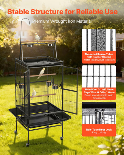 VEVOR Bird Cage, 24.6 x 16.7 x 53.9 inch, Flat Top, Wrought Iron Bird Flight Cage with Perches, Slide-Out Tray and Plastic Feeders, Casters, for Parrot, Blue Tit, Cockatiel, Canary, Budgerigar, Conure