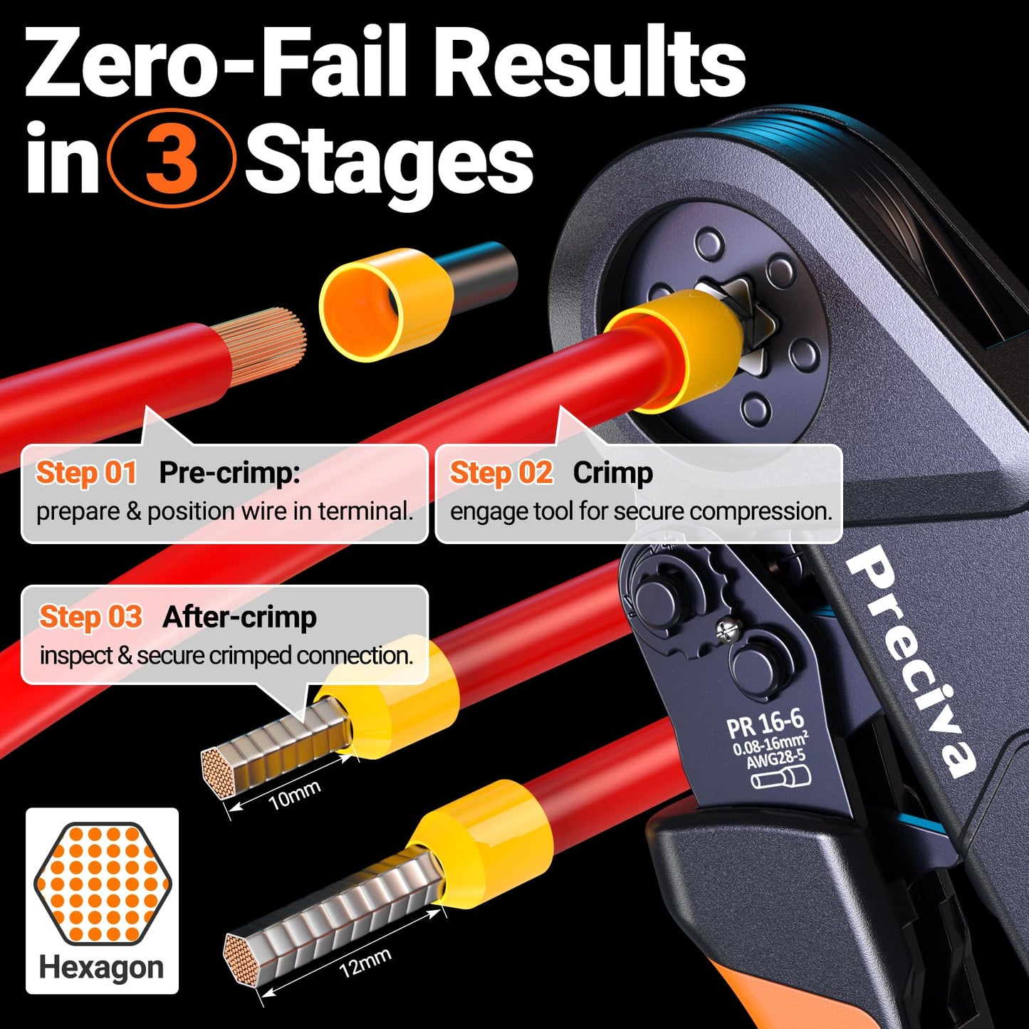Preciva Ferrule Crimping Tool Kit - AWG 28-5 Hexagonal Ferrule Crimper with Automatic Wire Stripper and 1375Pcs Single/Twin Ferrule Connectors, Self-Adjustable Ratchet Ferrule Terminals Crimping Tool