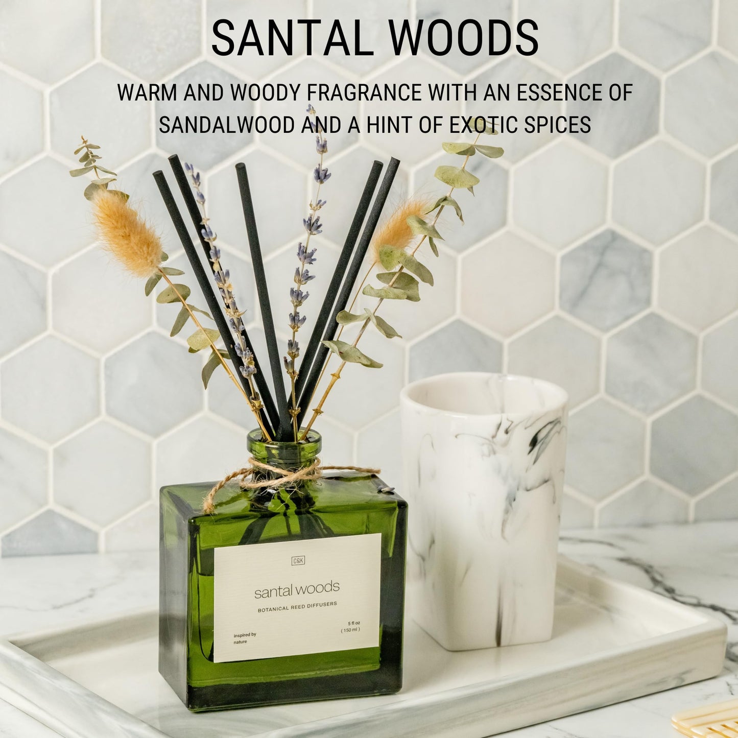 Craft & Kin Reed Diffuser with Dried Flowers | 5 oz Stone Fruit & Sage Scented Holiday Reed Diffusers for Home, Bathroom | Scent Sticks | Elegant Fragrance Home Decor for Men & Women