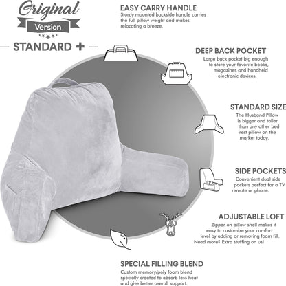 Husband Pillow XXL The Original for Adults - 30" Tall Backrest for Sitting Up in Bed - Firm Support Reading & Bed Rest Pillows for Adults, Neck Roll, Removable Cover - TV - Dark Grey